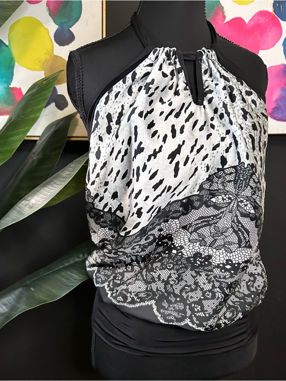 Y2K Poema Black & White Halter Lace-Print Top